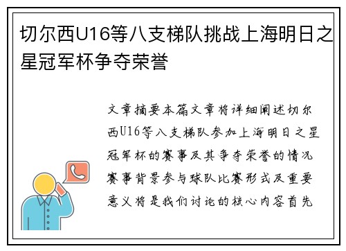 切尔西U16等八支梯队挑战上海明日之星冠军杯争夺荣誉 切尔西U16等八支梯队挑战上海明日之星冠军杯争夺荣誉