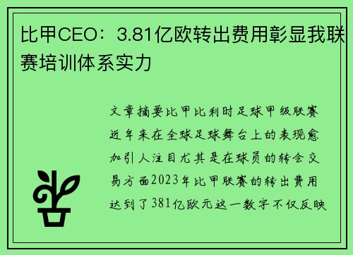 比甲CEO:3.81亿欧转出费用彰显我联赛培训体系实力 比甲CEO:3.81亿欧转出费用彰显我联赛培训体系实力