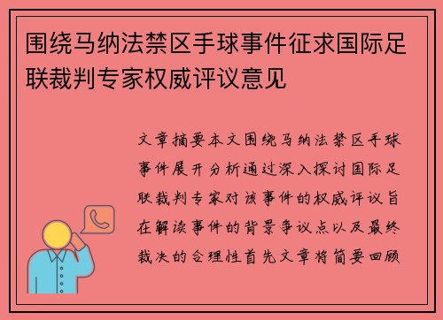 围绕马纳法禁区手球事件征求国际足联裁判专家权威评议意见